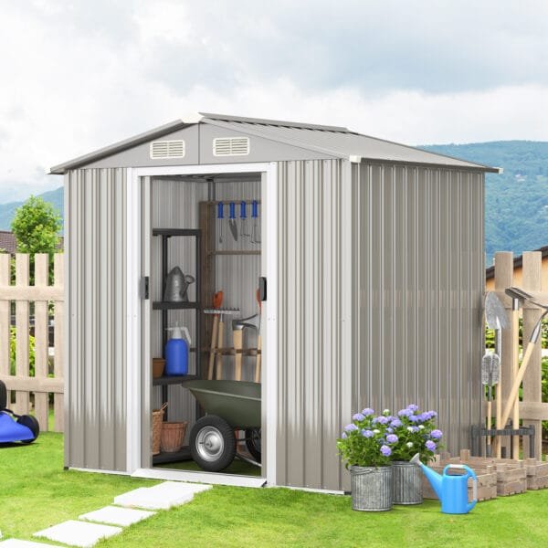 6 x 4 Feet Outdoor Metal Storage Shed with Ventilation Sliding Doors-Light Grey - Image 3
