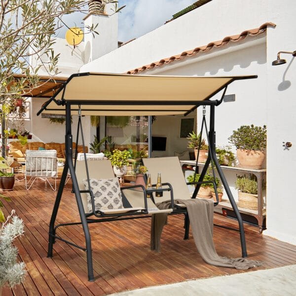 2 Person Outdoor Patio Swing with Adjustable Canopy for Garden Porch Backyard-Beige - Image 2