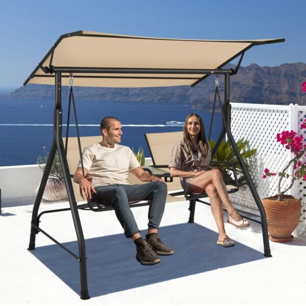 2 Person Outdoor Patio Swing with Adjustable Canopy for Garden Porch Backyard-Beige - Image 3