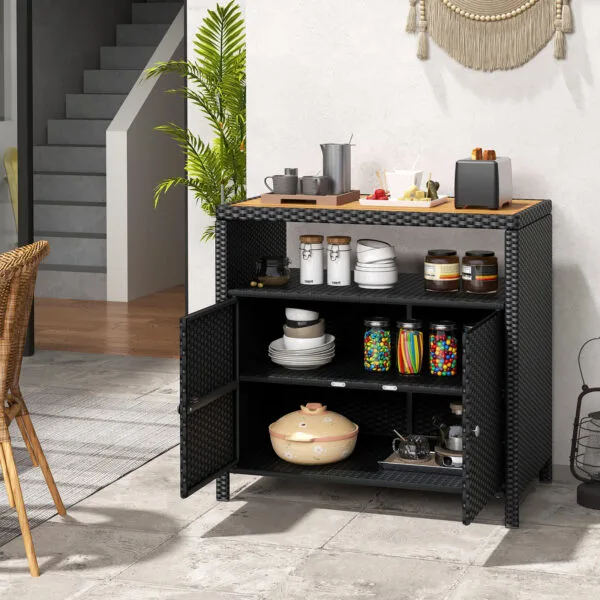 Outdoor Rattan Storage Cabinet Sideboard Buffet Cabinet-Black - Image 3