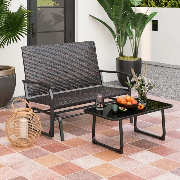 Outdoor Swing Glider Bench 2-Person Rattan Woven Glider Loveseat-Brown - Image 3