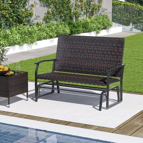 Outdoor Swing Glider Bench 2-Person Rattan Woven Glider Loveseat-Brown - Image 2