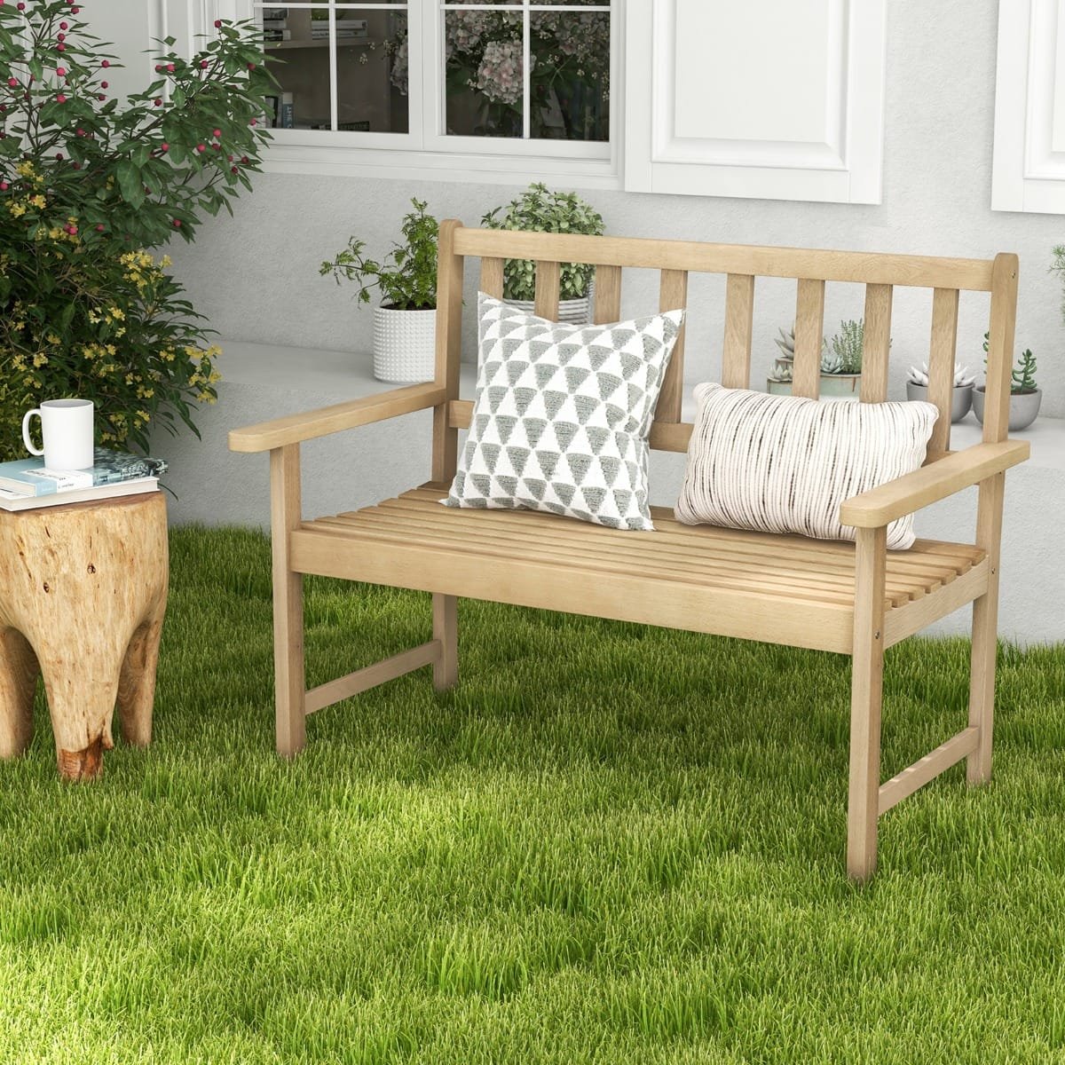 Outdoor Teak Wood Garden Bench with Backrest and Armrests - Image 2