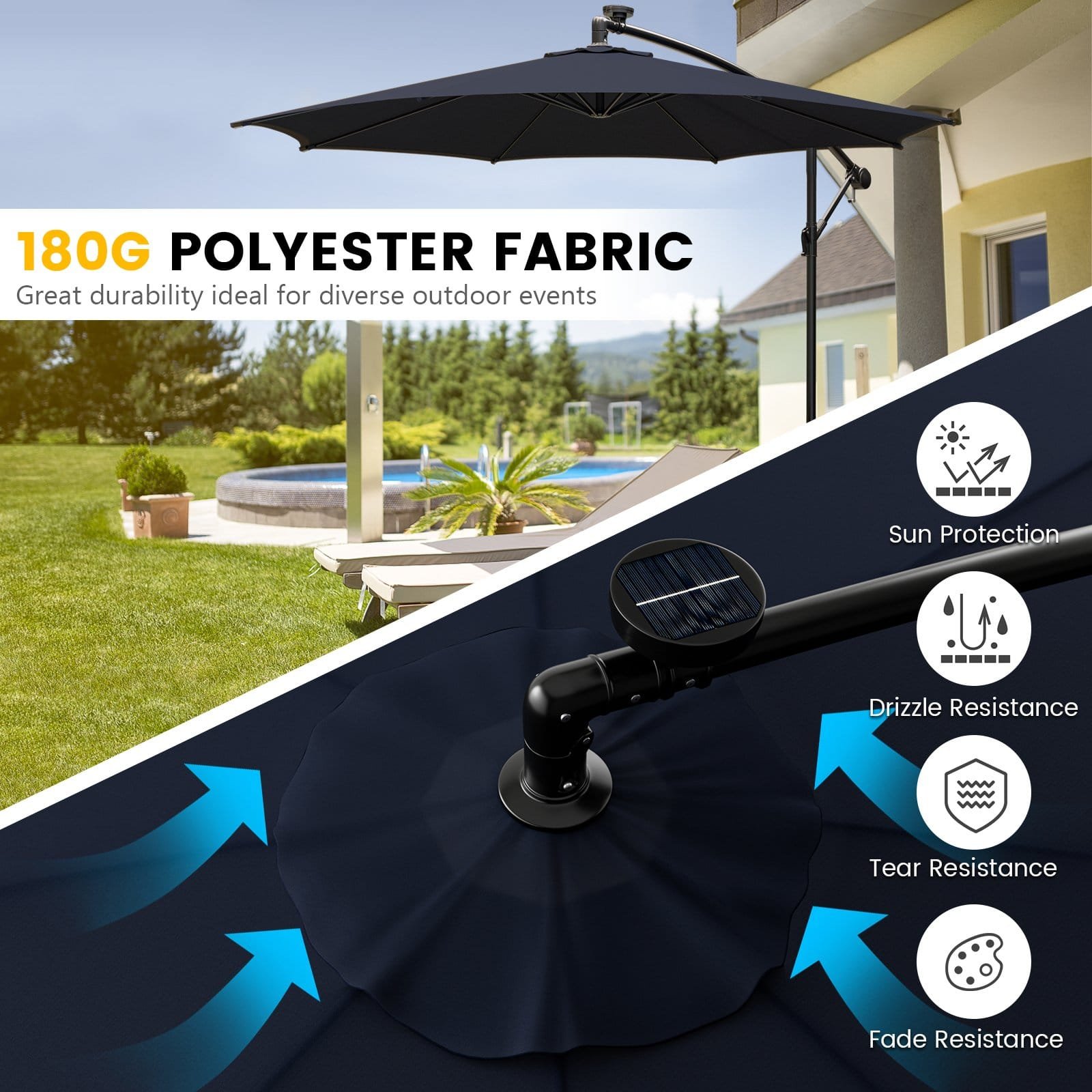 303 CM Solar-Powered Patio Offset Umbrella with 112 LED Lights-Navy - Image 3