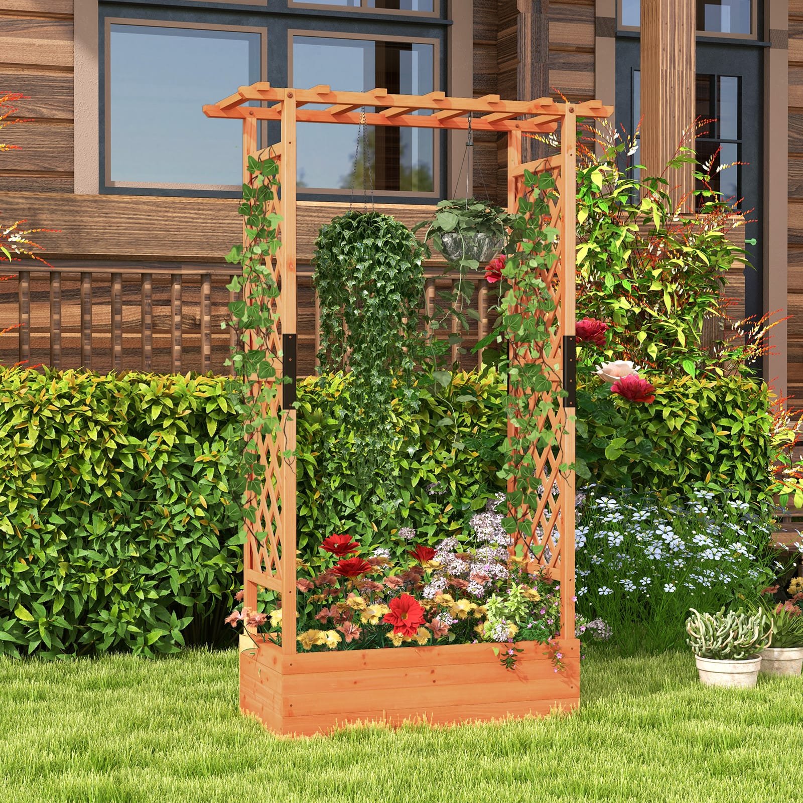 Raised Garden Bed Fir Wood Planter Box with 2-Sided Trellis and Hanging Roof-Orange - Image 2