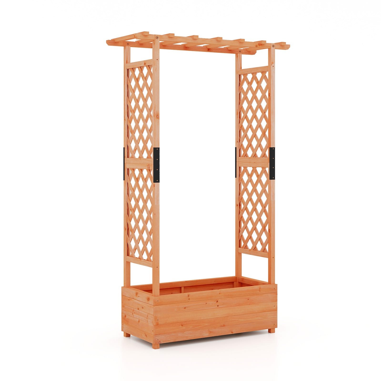 Raised Garden Bed Fir Wood Planter Box with 2-Sided Trellis and Hanging Roof-Orange
