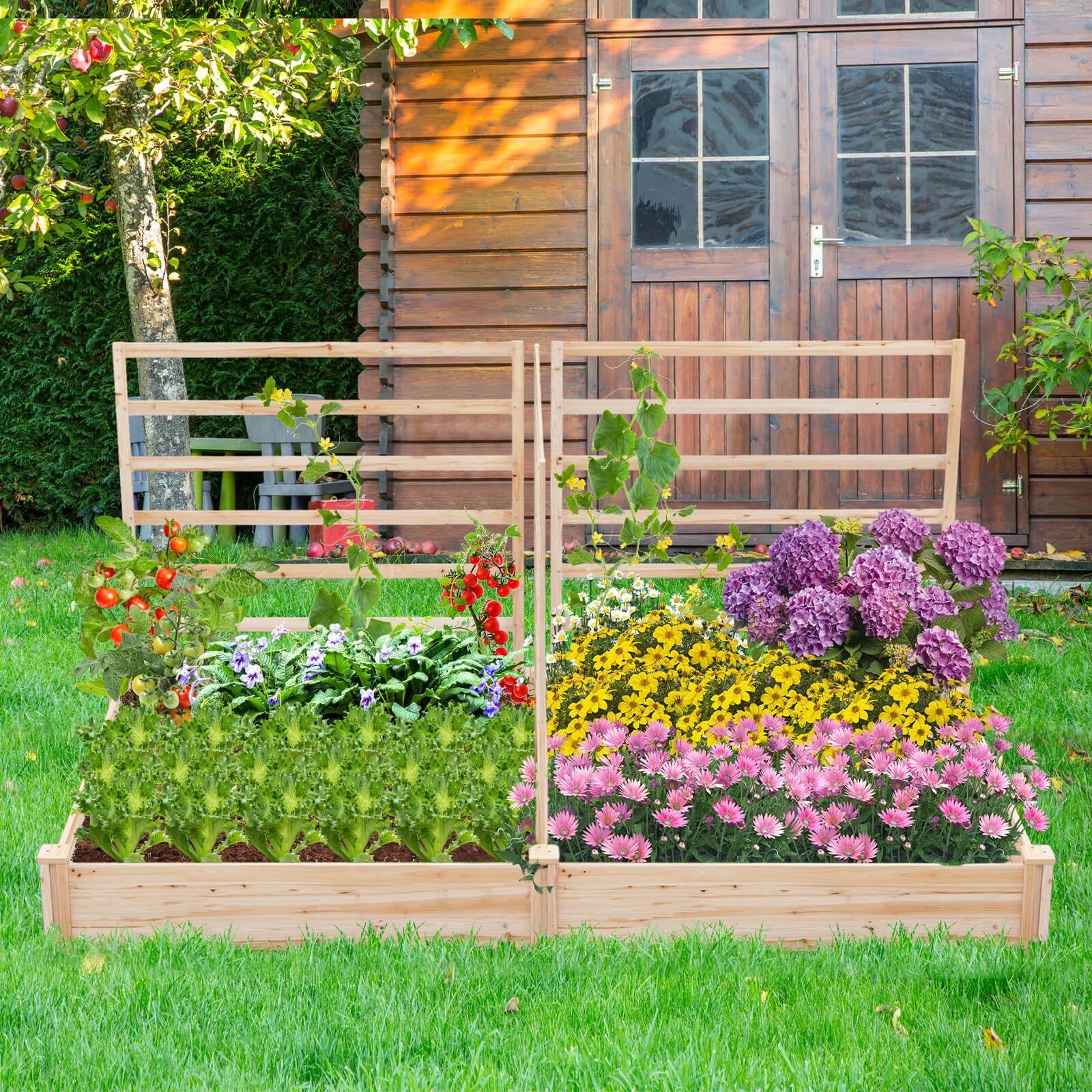 Raised Garden Bed with 3 Trellis and 2 Planter Boxes-Natural - Image 3
