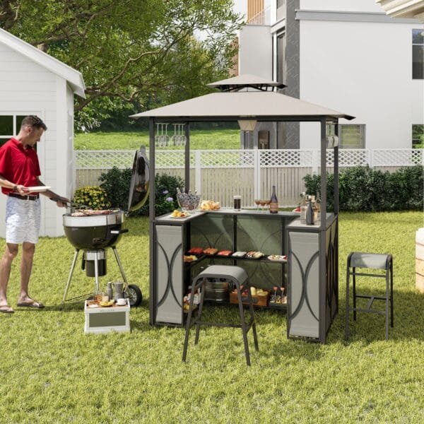 Grill Gazebo and 2 Bar Stools with Tempered Glass Bar Table for Patio Poolside Garden-Grey-brown - Image 2