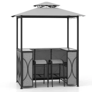 Grill Gazebo and 2 Bar Stools with Tempered Glass Bar Table for Patio Poolside Garden-Grey-brown
